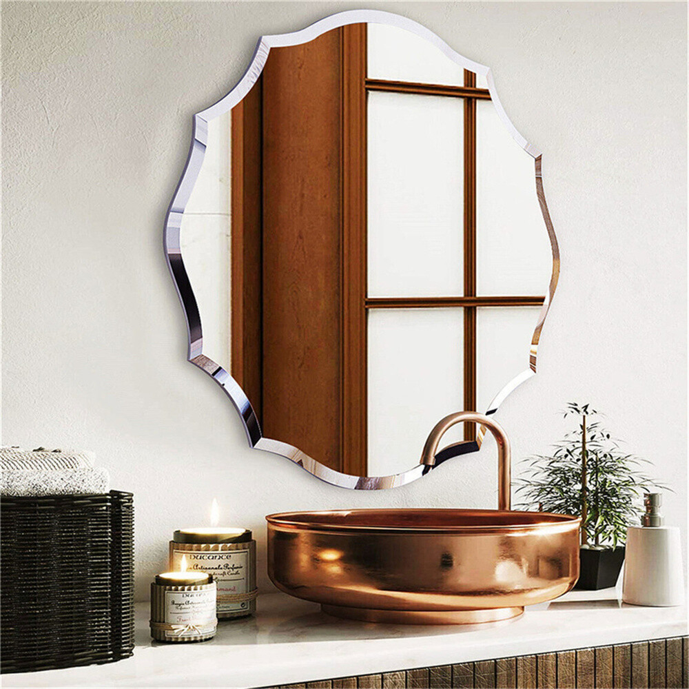 Scalloped Edged Oval Wall Mirror Frameless Wide Beveled Statement Accent Decor