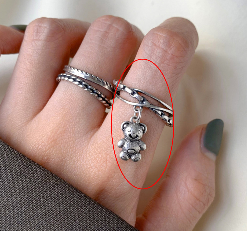 Silver Love Animal Teddy Bear Black Adjustable Band Ring