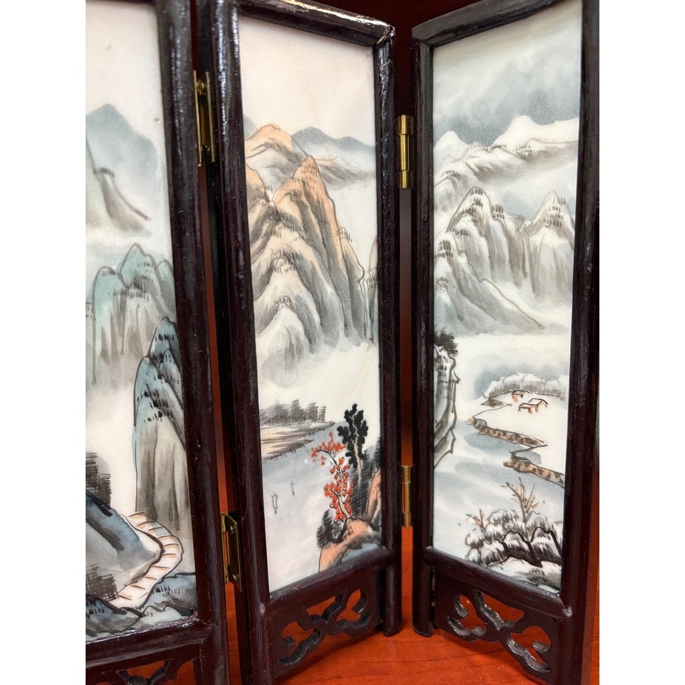 Vintage Chinese Marble Panel Folding Table Screen 5 Panel Wood Frame