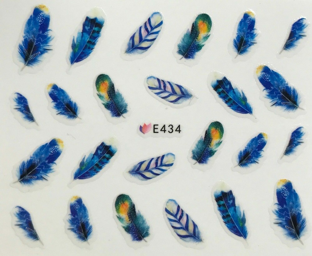 Nail Art 3D Decal Stickers Blue Feathers E434