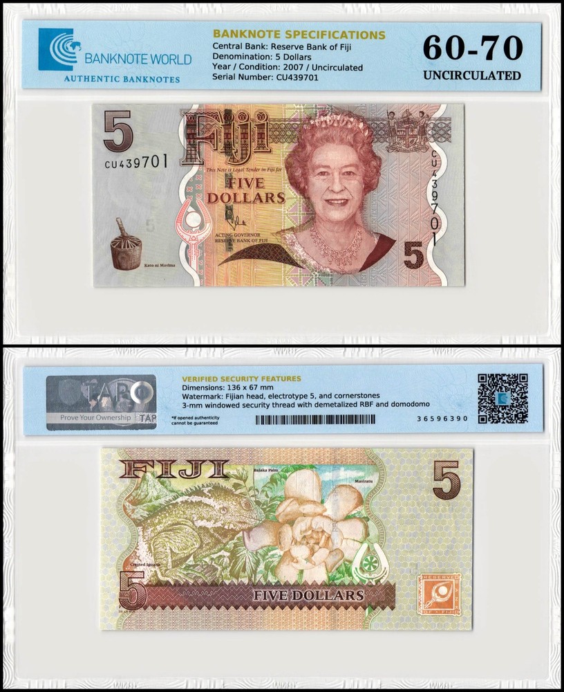 Fiji 5 Dollars, 2007 ND, P-110a, UNC, Authenticated Banknote