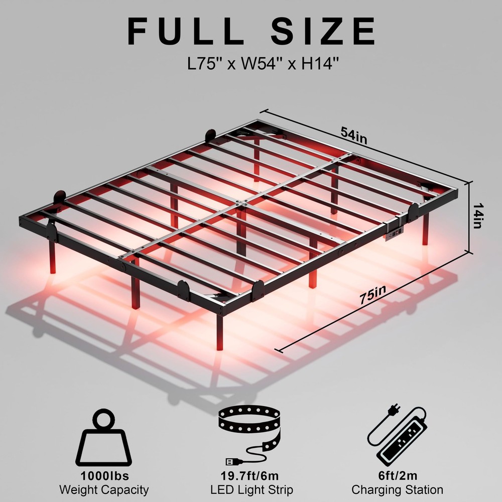 Floating Bed Frame Full Size with Smart LED Lights and Charging Station - Mod...