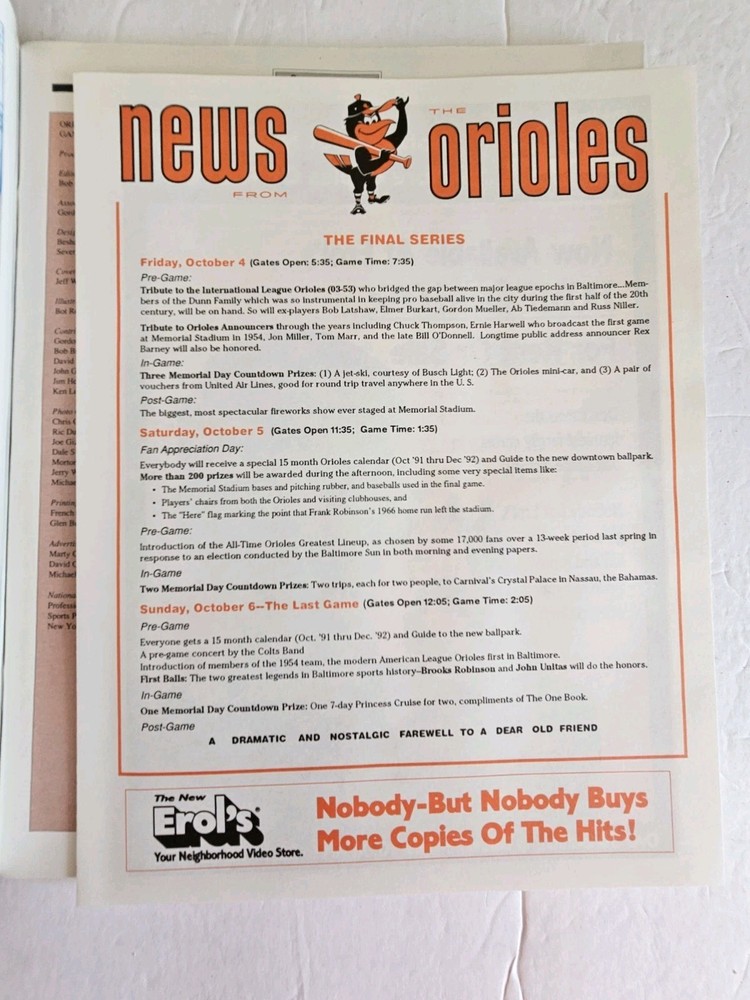 Memorial Stadium General Program Last Opening Day & Final Home Game Orioles