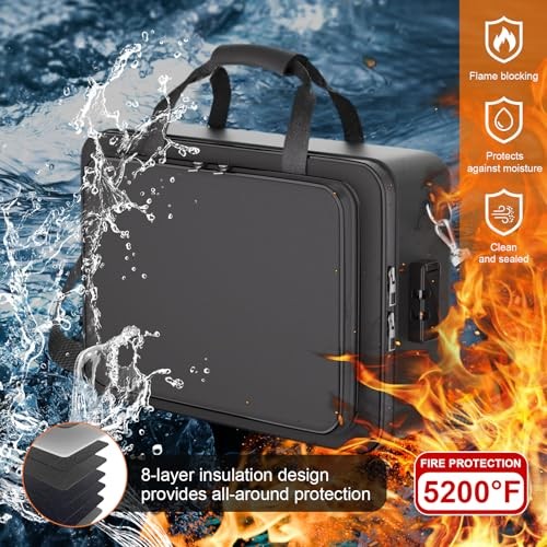 Fireproof Document Box with Lock＆Shoulder Strap, Fire Proof Safe For Home