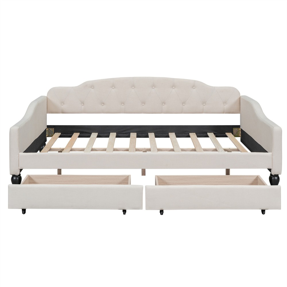 Full Size Daybed Upholstered Bed Frame Sofa Bed w/ 2 Storage Drawer Beige US