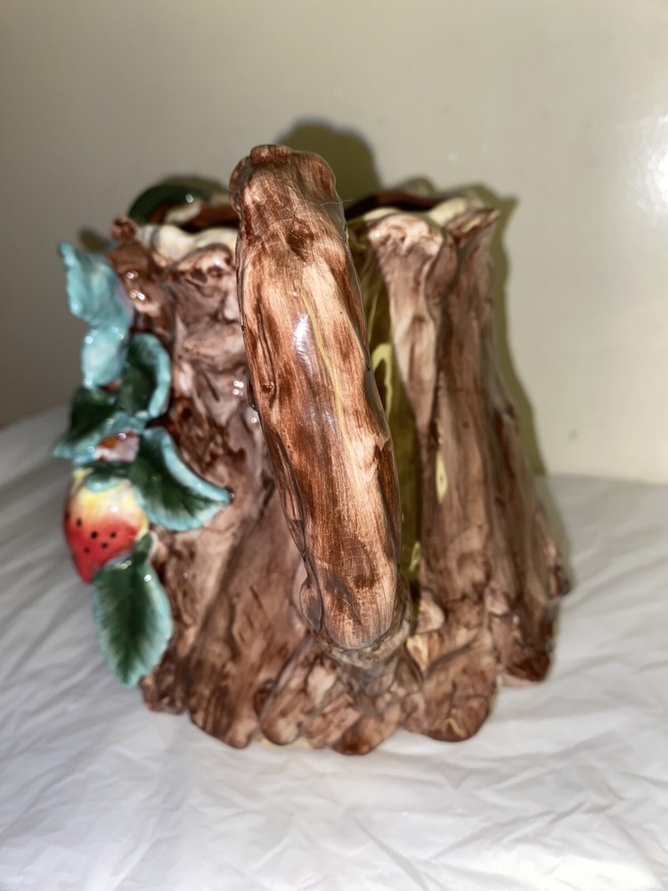 Apple Tree Strawberries Design Bark Ceramic pitcher and cup set damaged