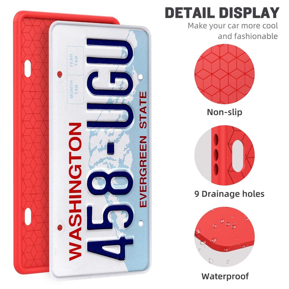 QiqaMole 2 Pack Silicone License Plate Frame, Front Back Red 2