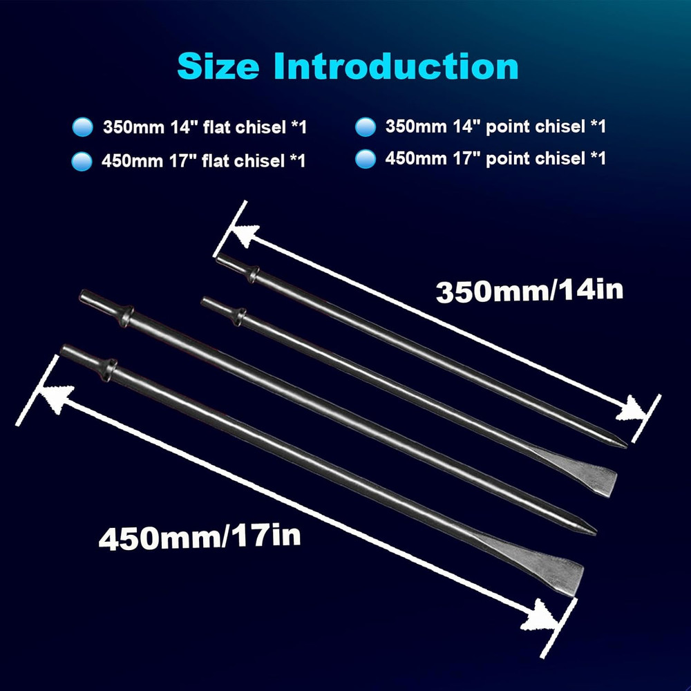 4-Piece Pneumatic Hammer Chisel Set for Concrete & Tile Work