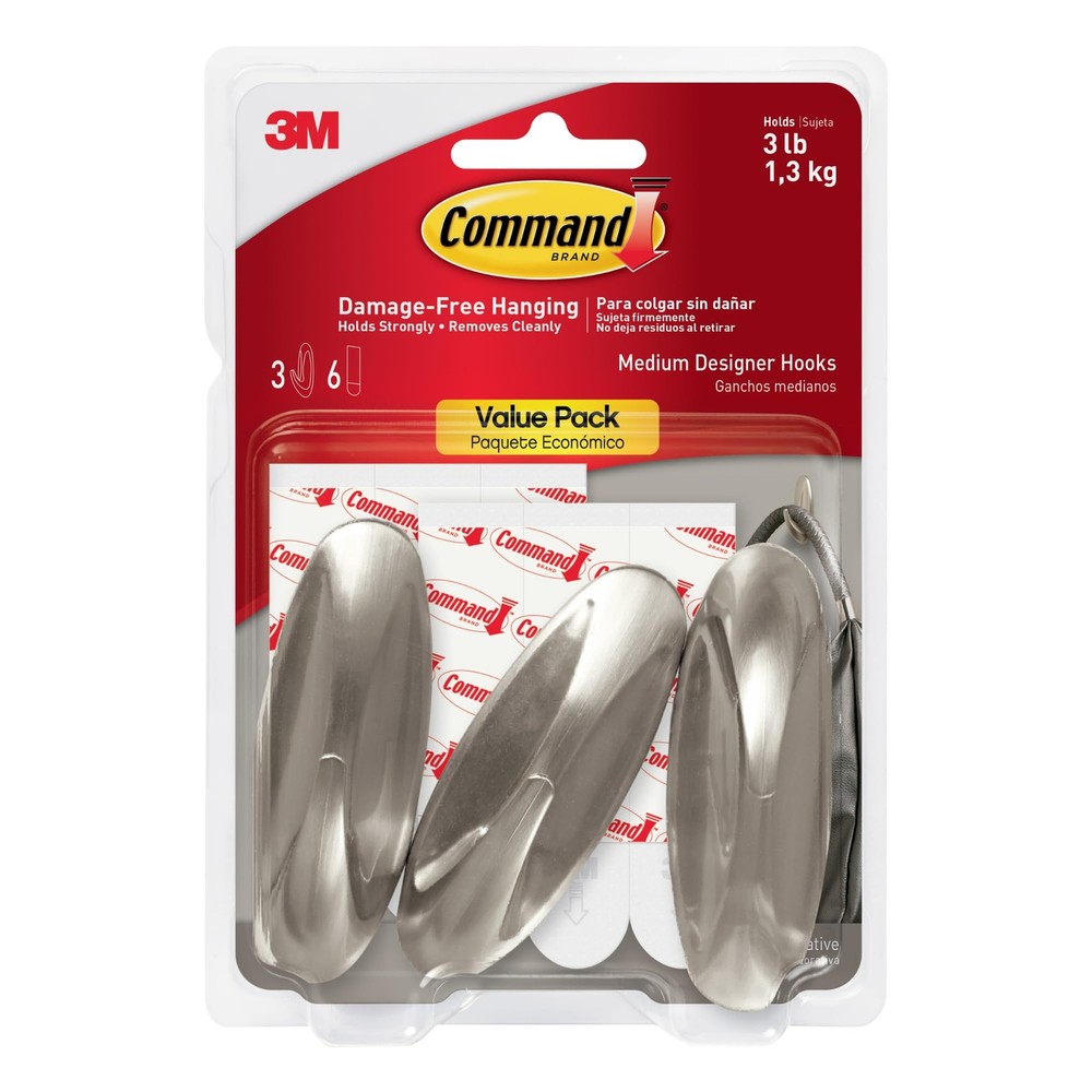 Medium Metallic Designer Hooks [Removable]: 3-pack (Brushed Nickel) [2-sets]