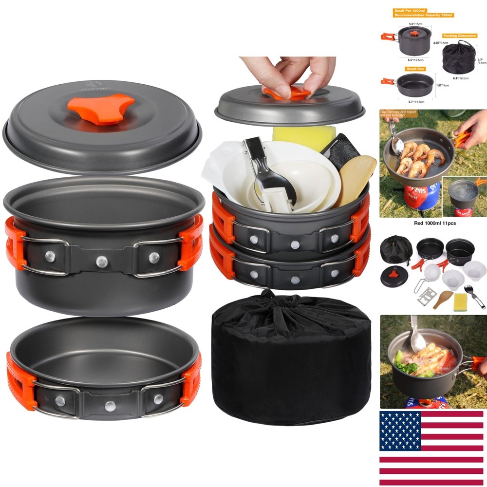 10-Piece Lightweight Camping Cookware Set for 1-2 People - Stackable & Durable