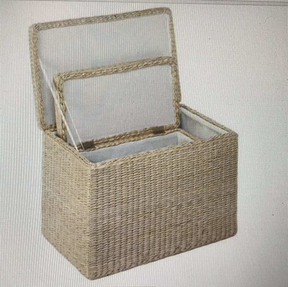 TWO NATURAL RUSH STRAW NESTING STORAGE TRUNKS RECTANGLE WOOD FRAME COTTON LINING
