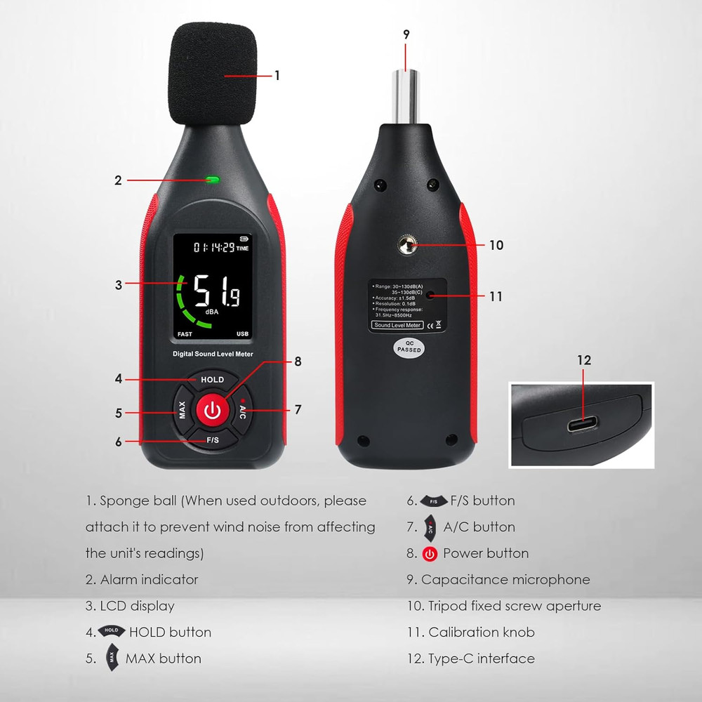 Decibel Meter Data Logger, Digital Sound Level Meter with Recording, Db Meter 30
