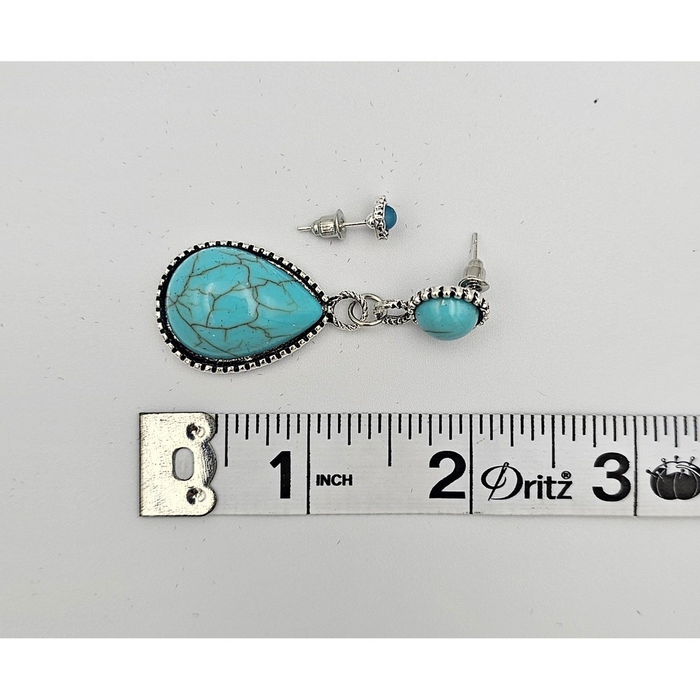 SILVER TONE TURQUOISE TEARDROP DANGLE & STUD EARRING SET Boho Western Pair