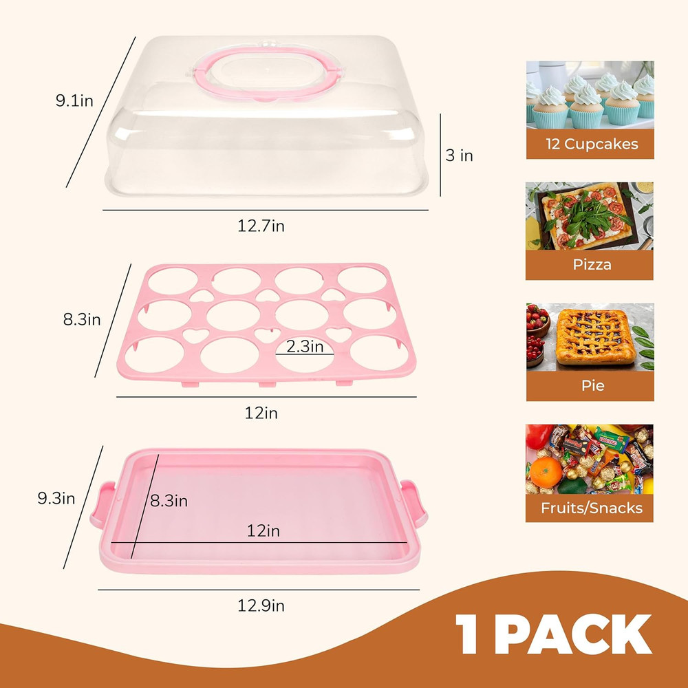 Cupcake Containers with Lid Rectangular Cake Carrier 3-In-1 Multipurpose Cupcake
