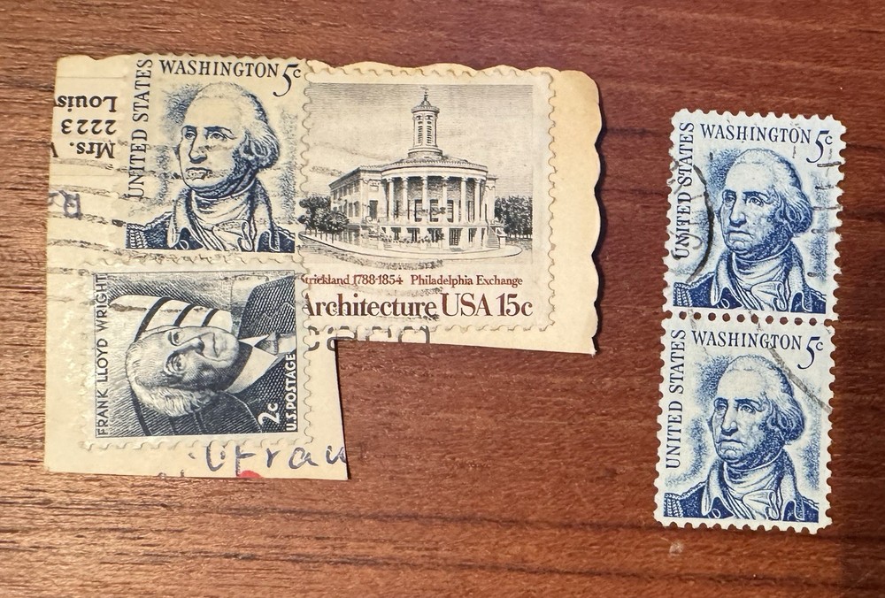 5 Stamps - 3 George Washington 5 Cent Stamps, 1Frank Lloyd Wright 2 Cent