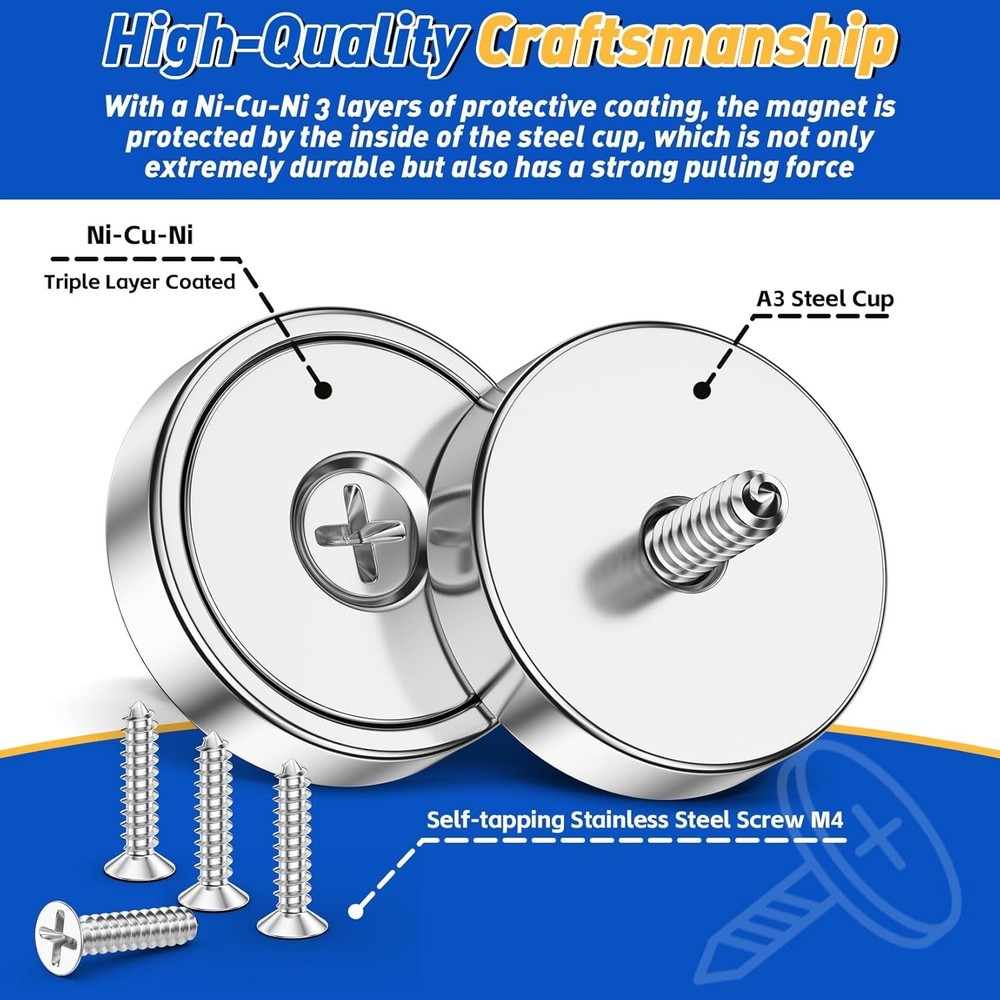 Durable 4 Pack Neodymium Cup Magnets - 60LBS Pull Force for Home & Garage