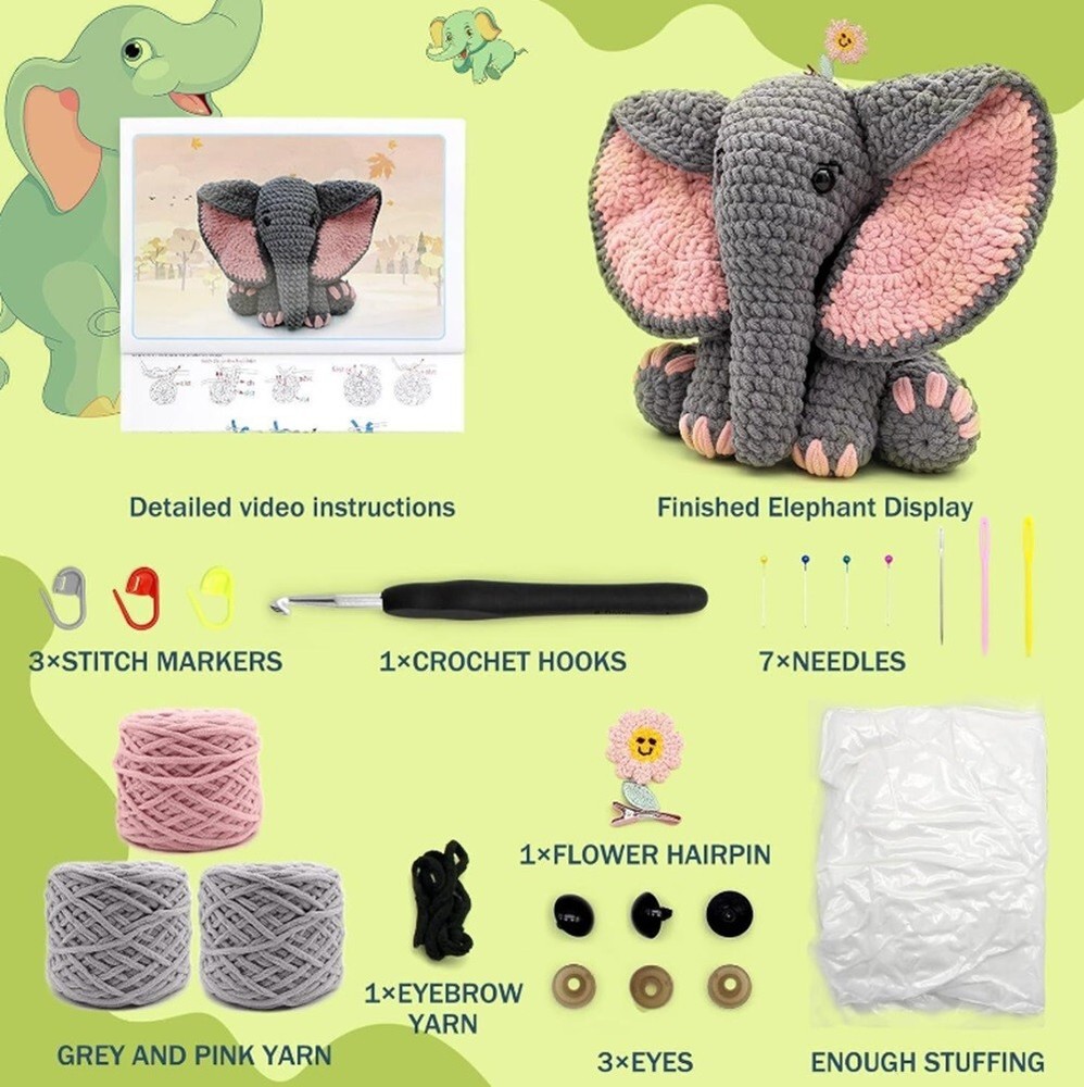 13″ Elephant Amigurumi Crochet Kit – Beginner Yarn Set with Video Tutorials