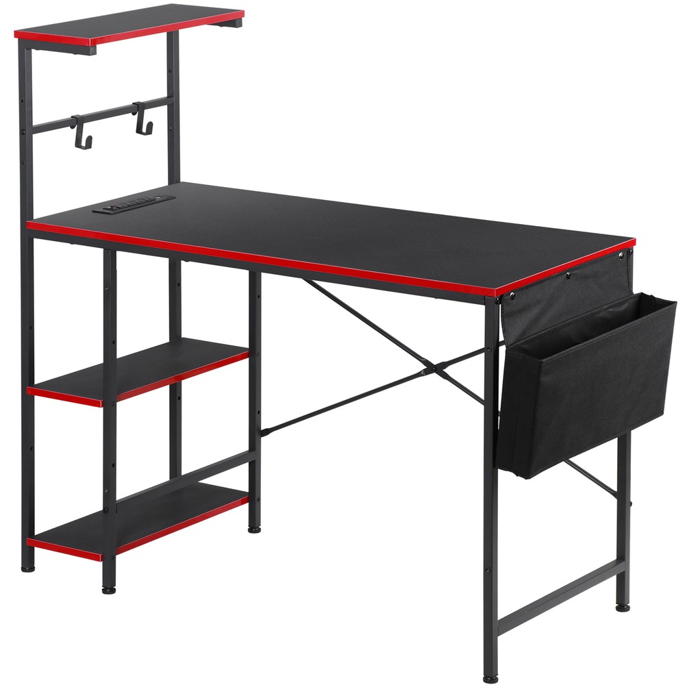 44" Computer Desk Rectangular Gaming Desk with LED Lights & Power Outlets Black