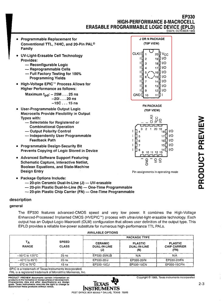 1/5/10Pcs TI EP330-12CN High Performance One-Time Programmable Logic Dev PDIP-20