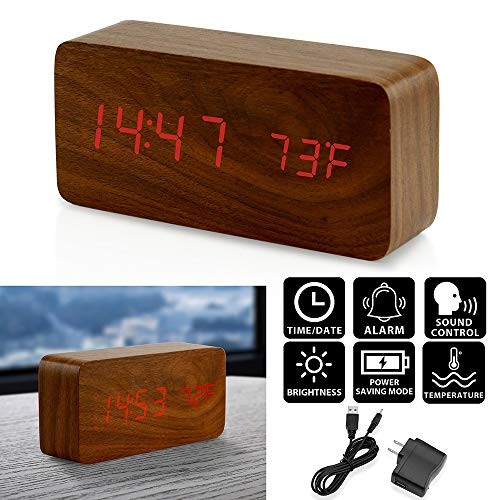 Wooden Digital Alarm Clock, Multi-Function Smart Alarm Clock, LED Light Brown