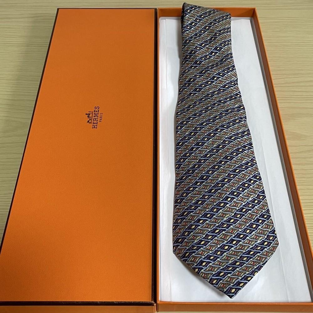 HERMES Navy Green Micro Diamond Stripe Pattern Tie
