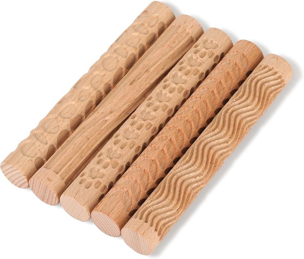Set of 5 Wooden Handle Pottery Tools Clay Modeling Pattern Rollers Kit Brown ...