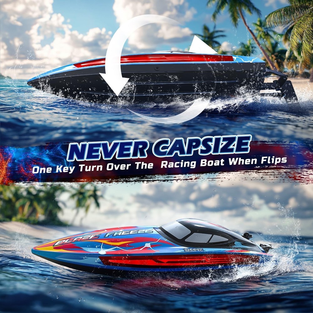 Remote Control Boat, 20+MPH, 7 LED Modes, 40 Min, Self-Righting Feature