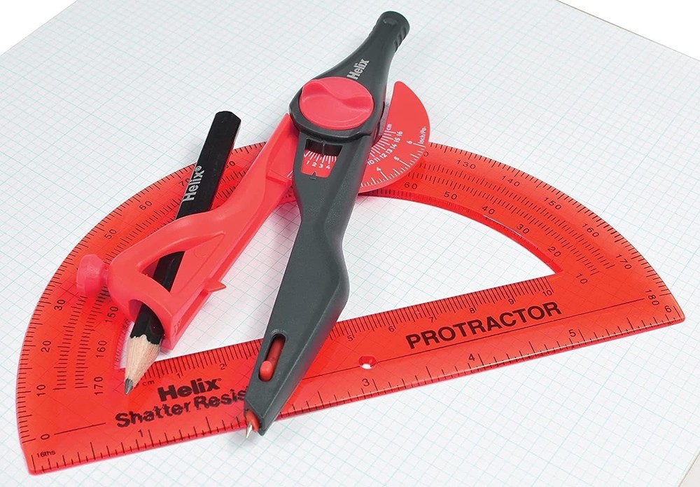 Helix - Plastic Locking Compass and Protractor - 2 Piece Set - Geometry, Draf...
