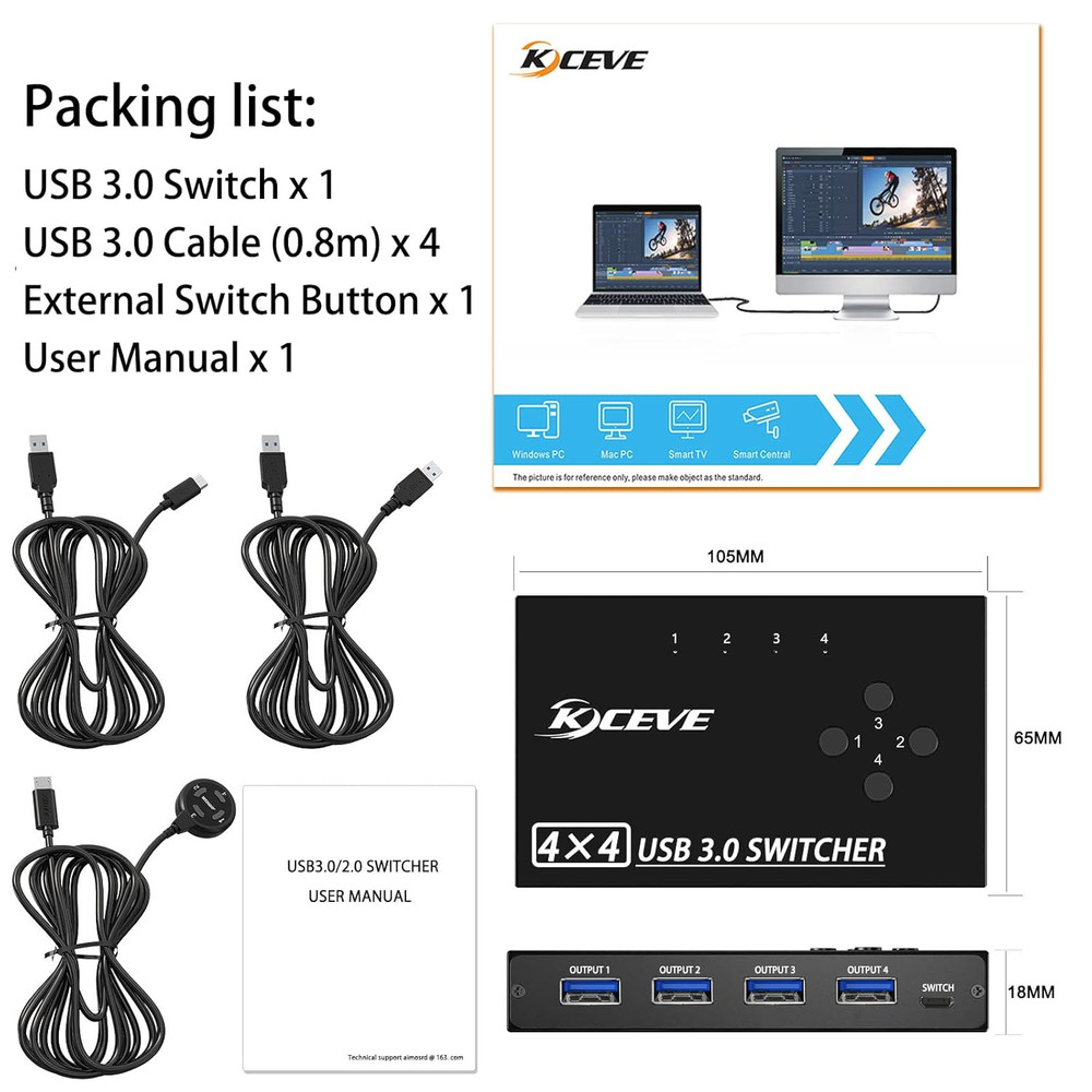 USB 3.0 Switch Selector 4 Port, KVM Switcher 4 Computers Sharing 4 USB Devices,U
