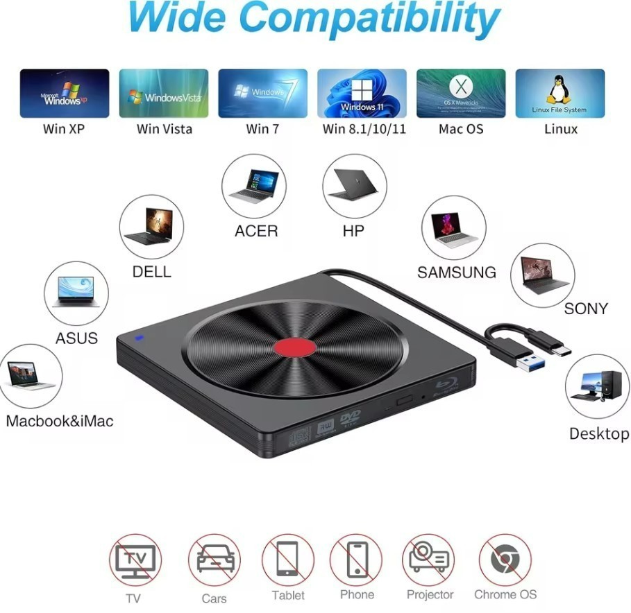 Portable External Blu-ray Drive USB 3.0 & Type-C BD Reader DVD/CD Burner