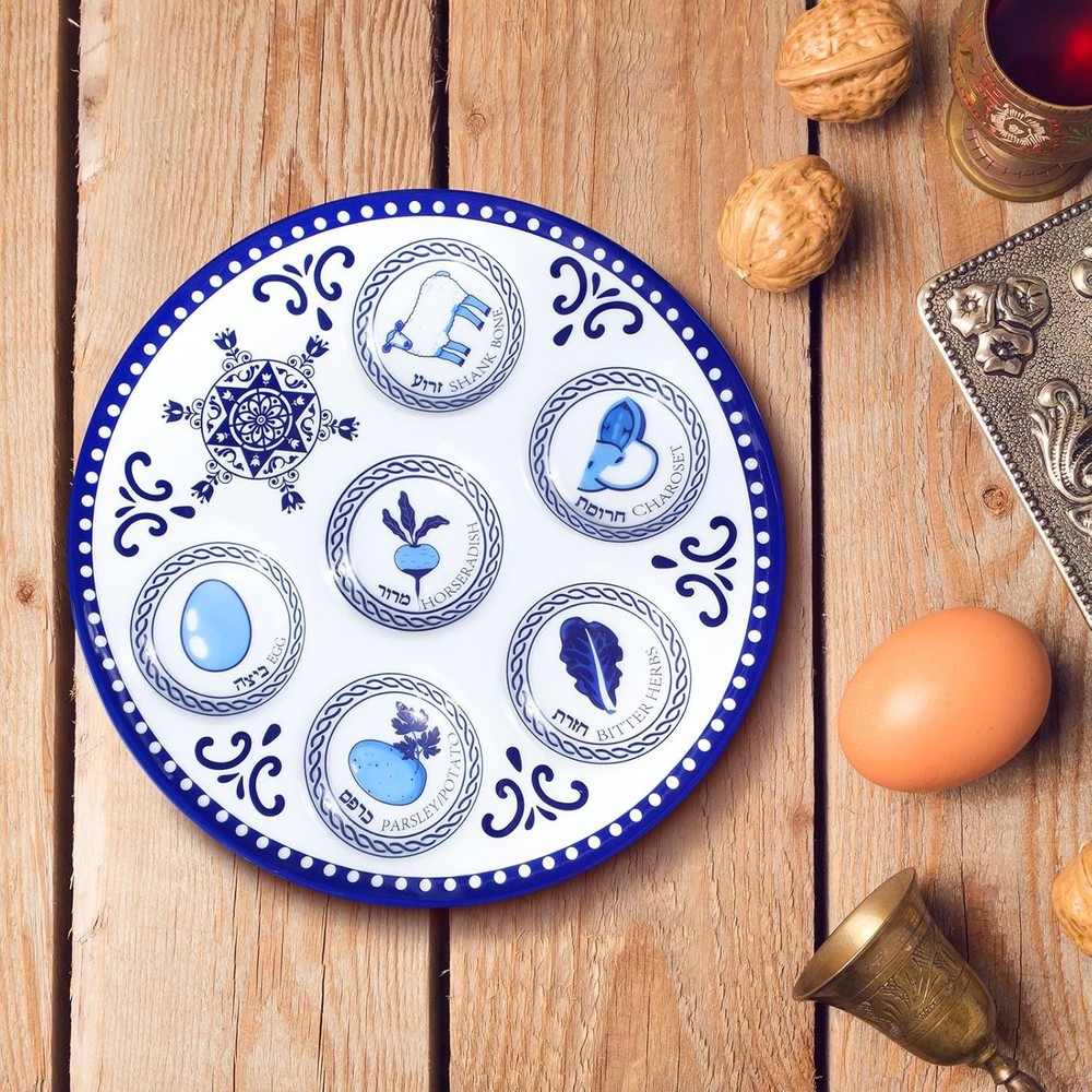 Disposable 6 Pack Seder Plates in Blue Renaissance - Dishwasher Safe & Stackable