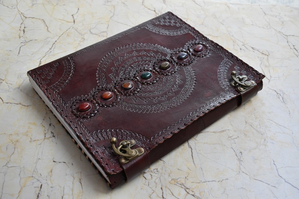 Seven Chakra Stone Embossed Leather Journal Book Diary Sketch Notebook