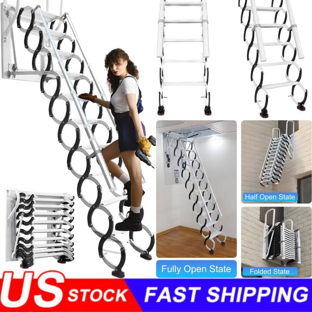 10/12 Steps Wall Mounted Folding Ladder Loft Stairs White Attic Steps Pull Down