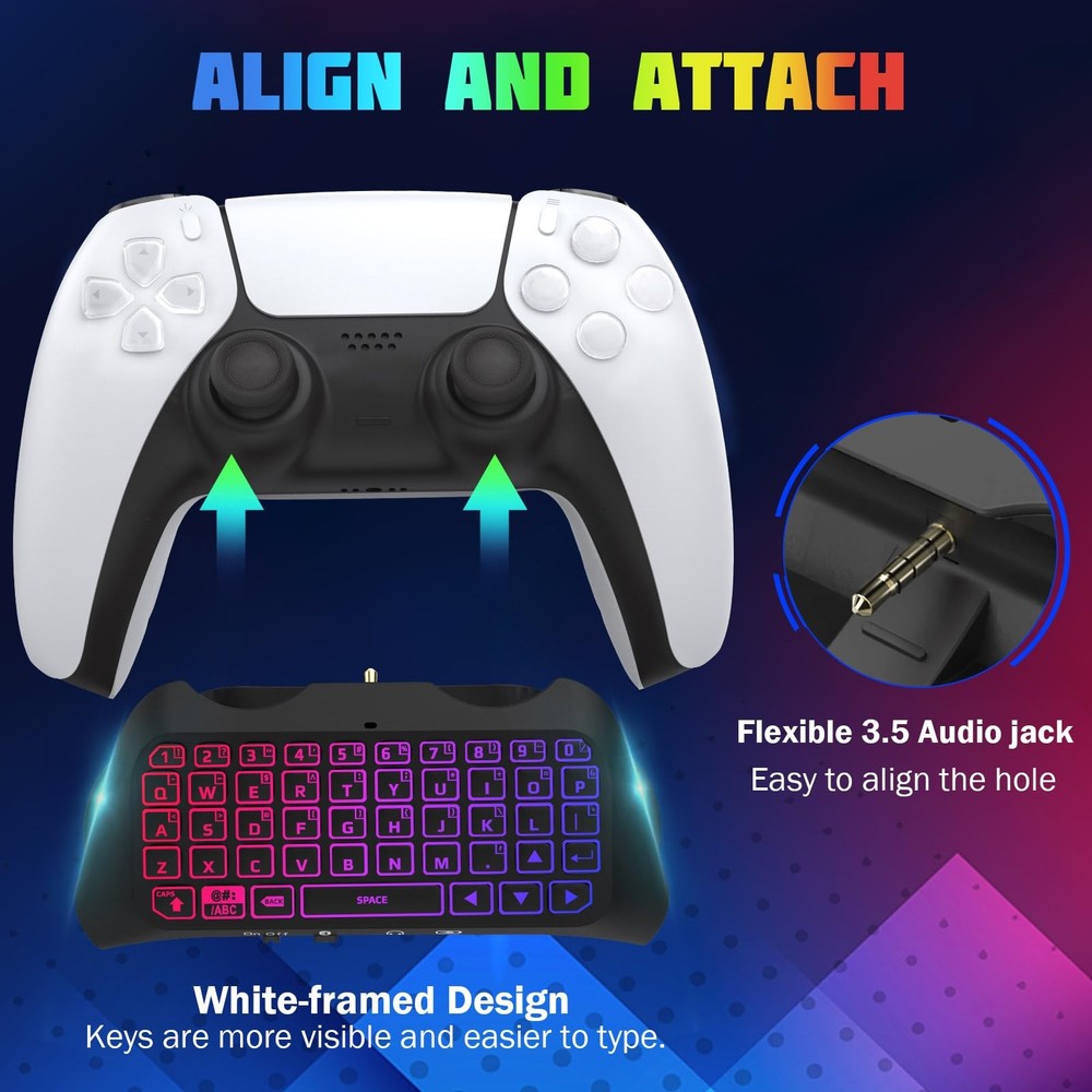 RGB Backlight Keyboard for PS5 Controller, Wireless Bluetooth Keypad Chatpad ...