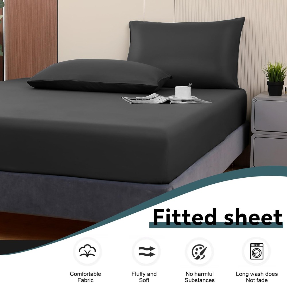 Soft Brushed Microfiber Black Twin Size Fitted Sheet-Comfortable and Durable ...