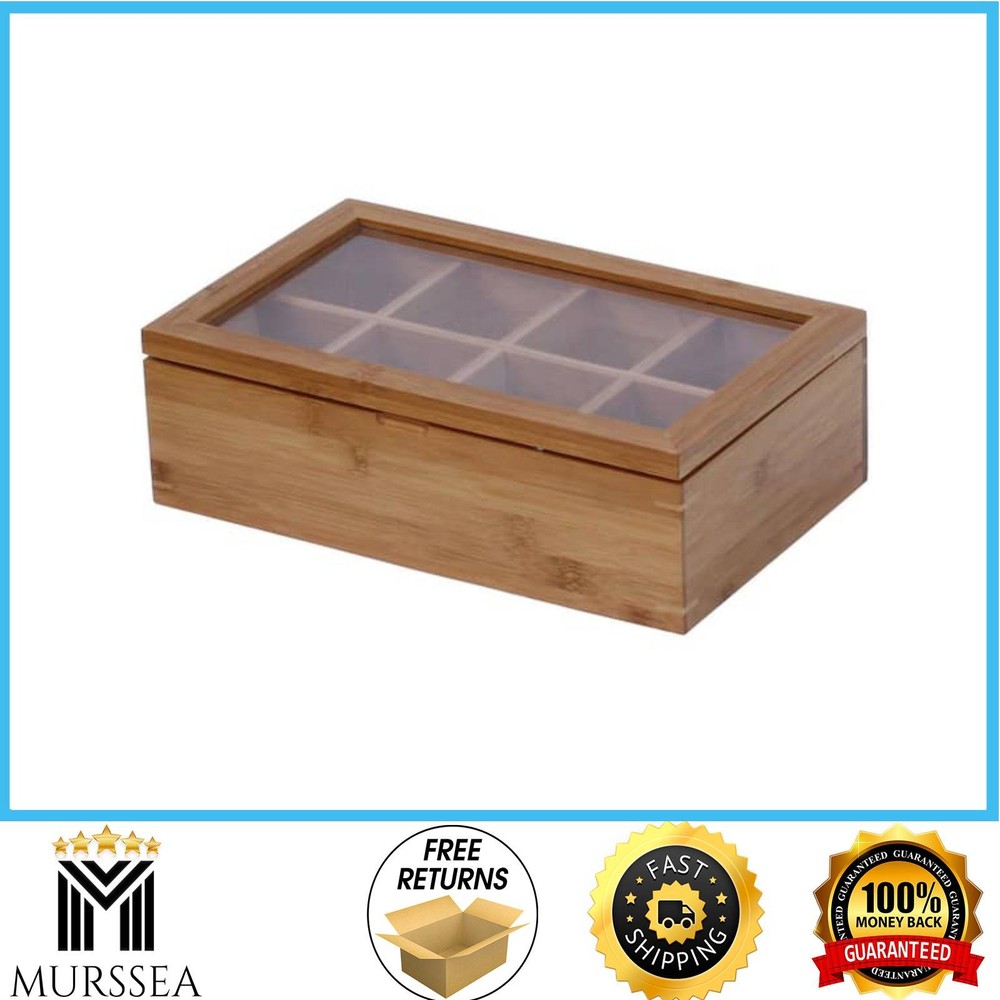 Bamboo Tea Box 8-Compartment Hinged Lid Storage Display Organizer