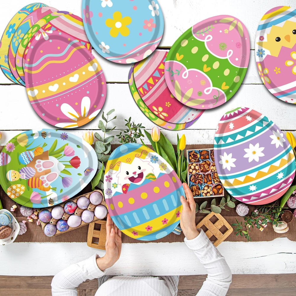 Easter Egg Tableware - 60 Pcs Bunny Egg Shaped Plates & Napkins Set for Happy E