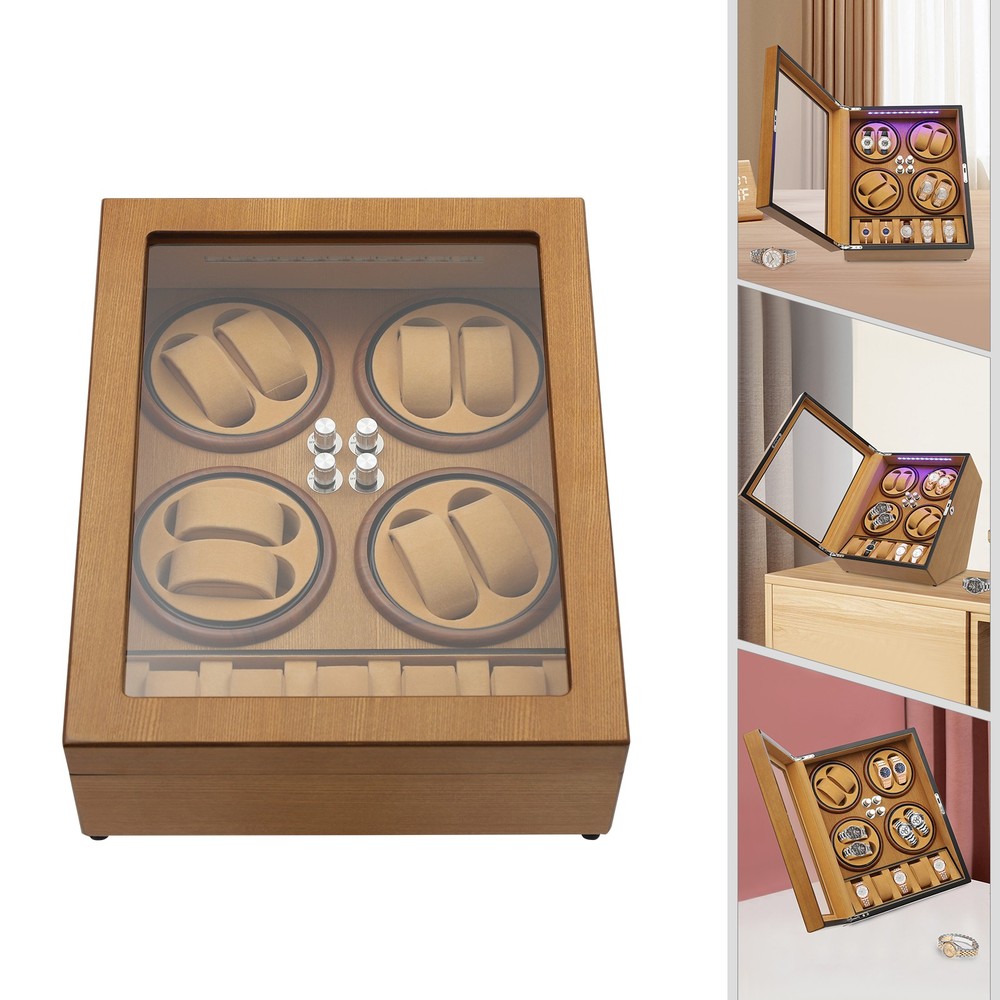8+5 Pine Automatic Watch Winder Box With LED Light Storage Case 4 Winding Modes