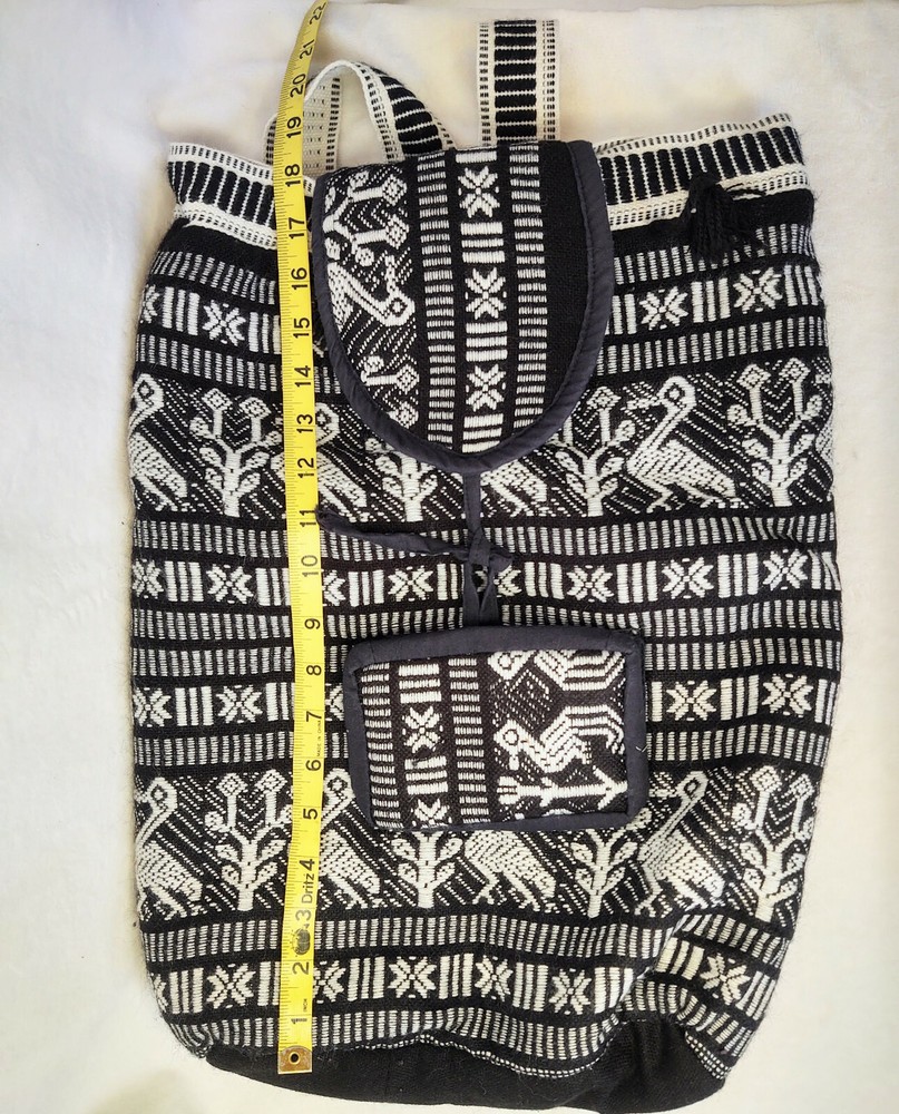 Vtg Soft Backpack Daypack Padded Woven Black/White Lined Boho Ethnic