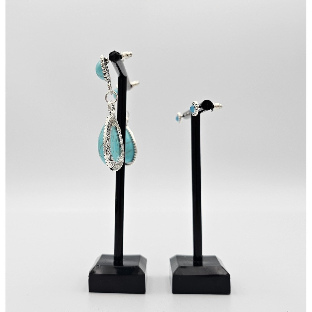 SILVER TONE TURQUOISE TEARDROP DANGLE & STUD EARRING SET Boho Western Pair