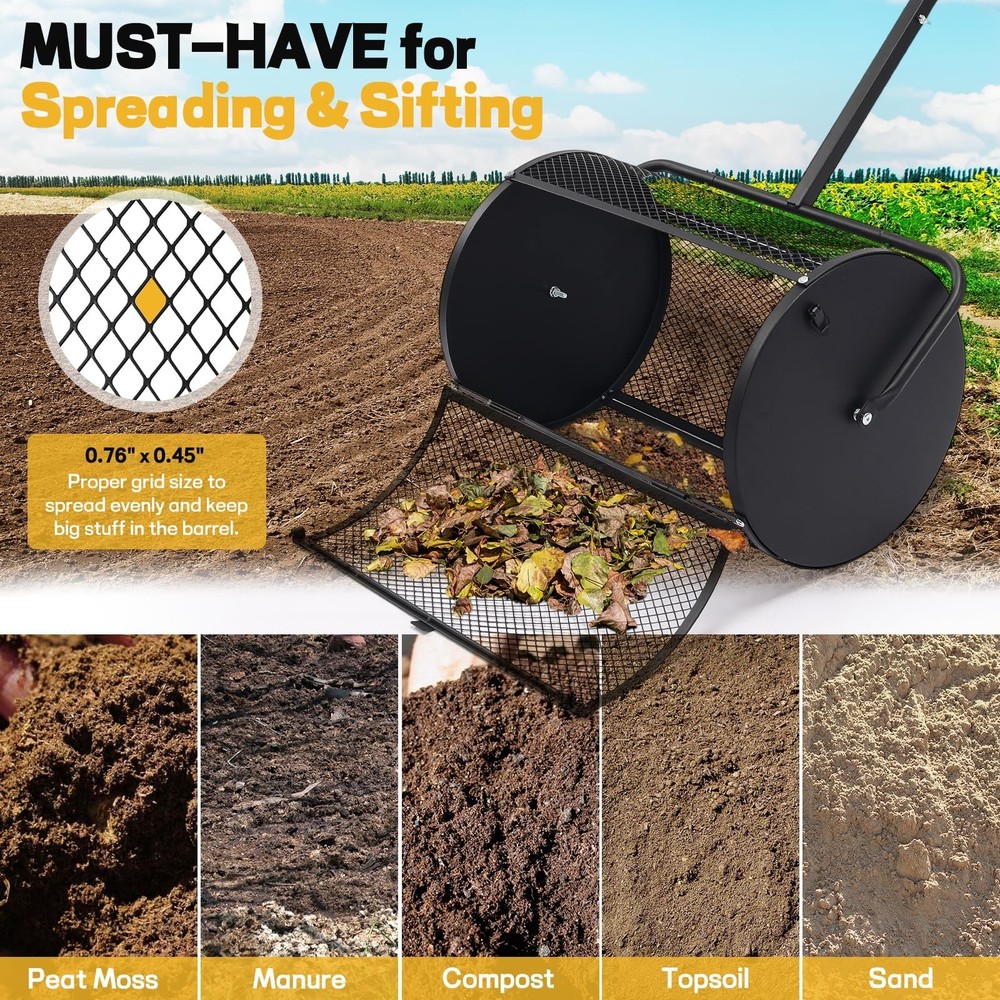 Compost Spreader 24 inch Peat Moss Spreader with Adjustable U-Shaped Handle