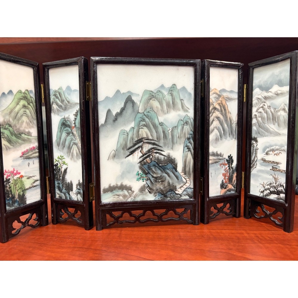 Vintage Chinese Marble Panel Folding Table Screen 5 Panel Wood Frame