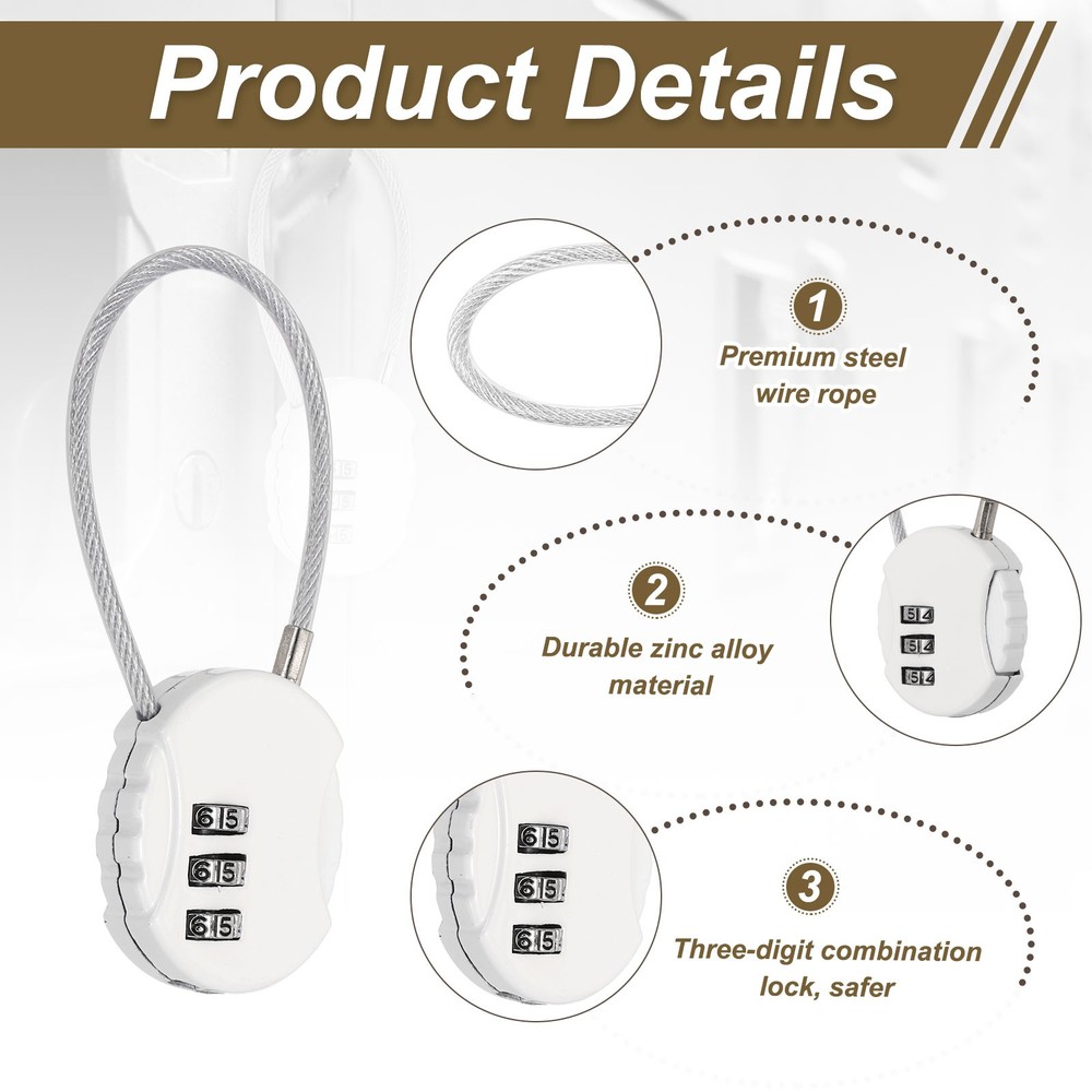 White 3-Digit Combination Cable Padlock for Luggage