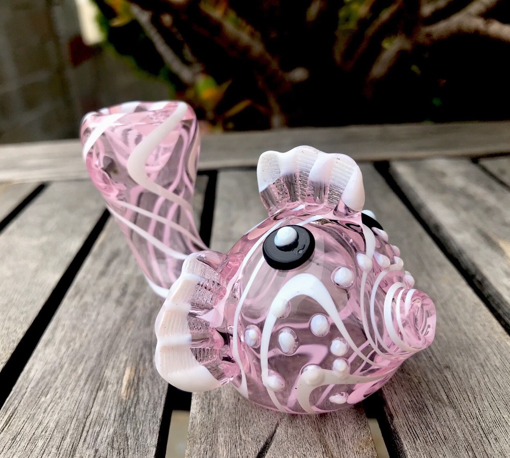 Fish Shaped Glass Hand Pipe(Pink)White Colored Stripes.