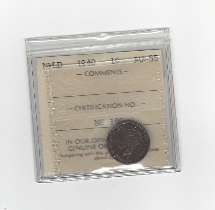 1940, ICCS Graded Newfoundland, Small One Cent, **AU-55**