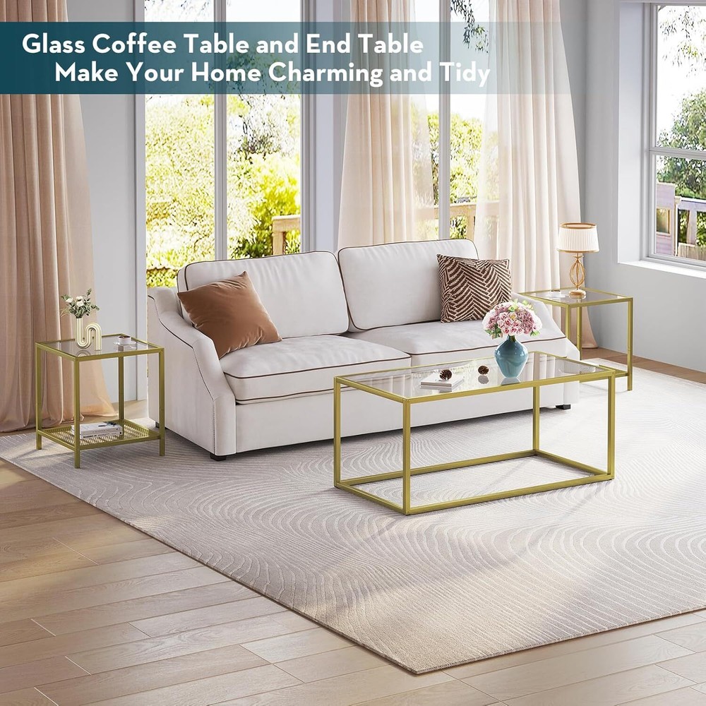SAYGOER Gold Coffee Table Glass Tables Modern Rectangular Center