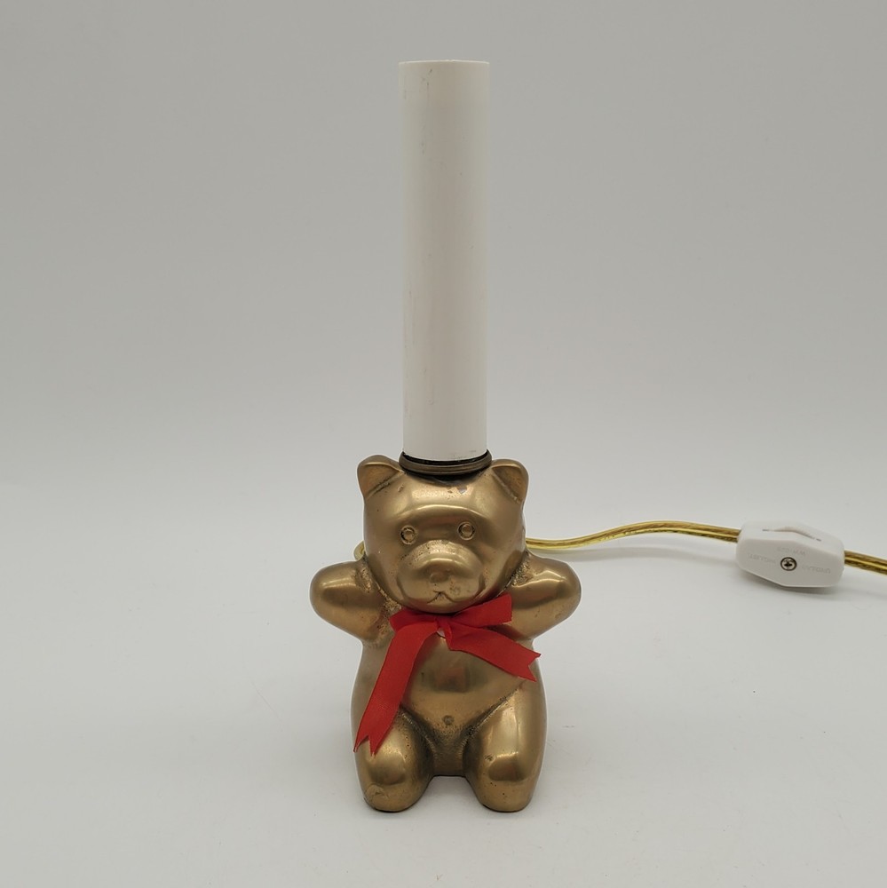 VTG Solid Brass Teddy Bear Lamp Portable Nightlight 7 3/4” High Inline switch