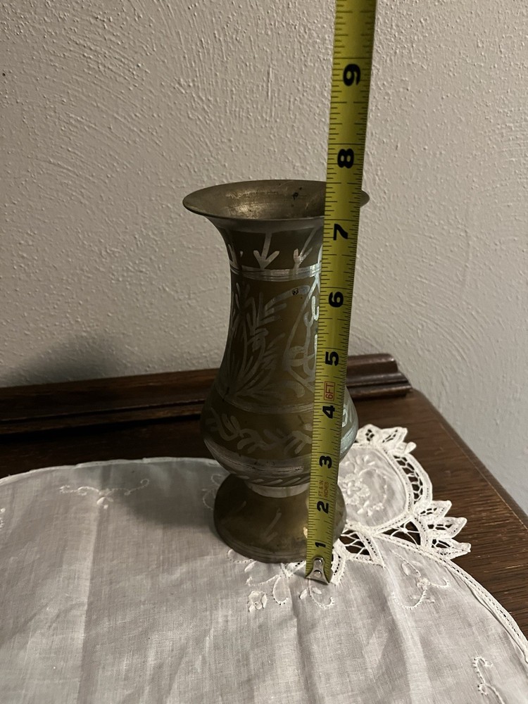 Vintage Etched Brass Vase Geometric Pattern Boho Decor