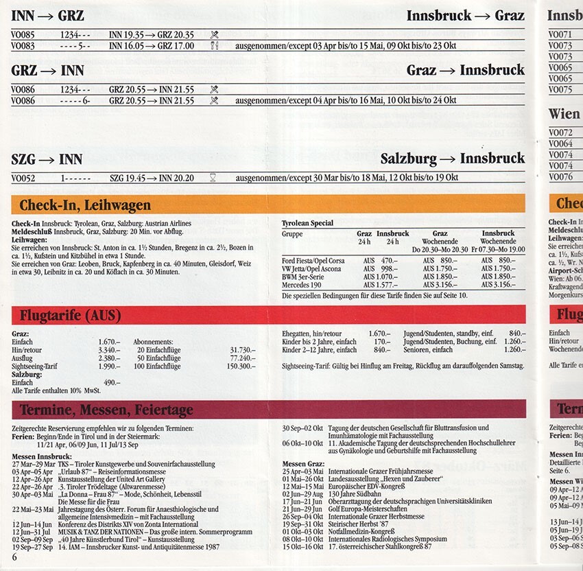 Tyrolean Airways timetable 1987/03/29