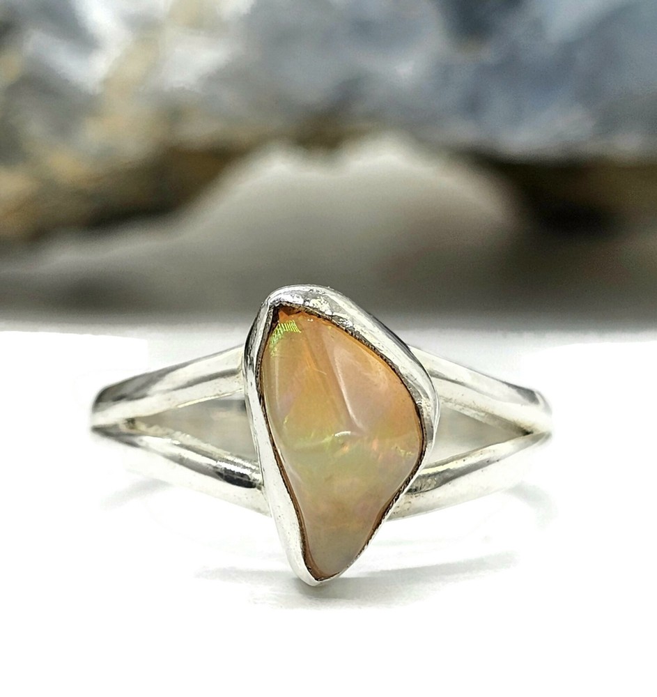 Solid Opal Ring, Size Q, October Birthstone, Sterling Silver, Rough Gem, Aura